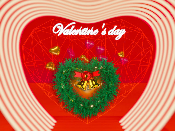 情人节快乐，三维渲染的红色和金色的心形气球，金色的金属形状和灯泡的红色背景。礼品卡，爱情派对，邀请券设计，海报模板。图片下载