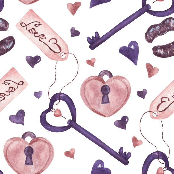 配对锁和钥匙与心浪漫无缝模式图片下载