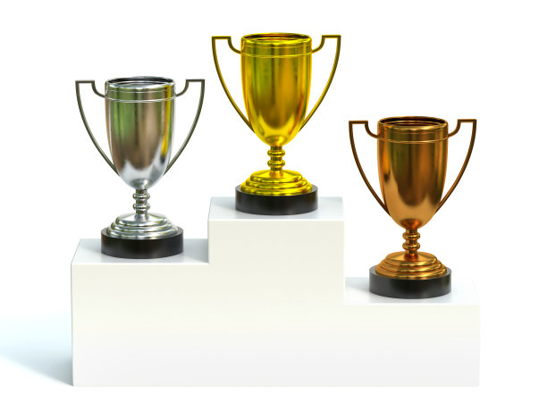 冠军领奖台上的金、银、铜奖杯，一、二、三等奖3d渲染图片下载