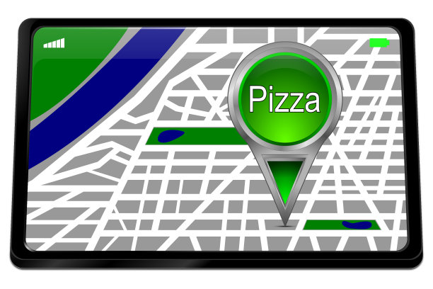 平板电脑与绿色比萨地图指针- 3D插图图片下载