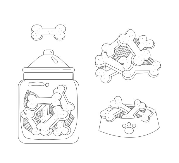 一套狗粮和对待骨头在罐子和碗上孤立的背景。线条样式图片下载
