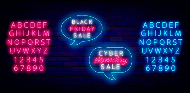 网络星期一销售和黑色星期五霓虹灯标签在think cloud。闪亮的粉色和蓝色字母。矢量图图片下载