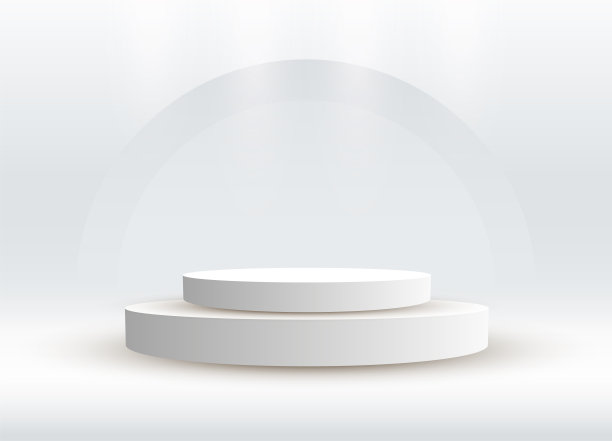 两个抽象讲台银缸台座。白色空舞台概念与半圆形发光霓虹灯图片下载