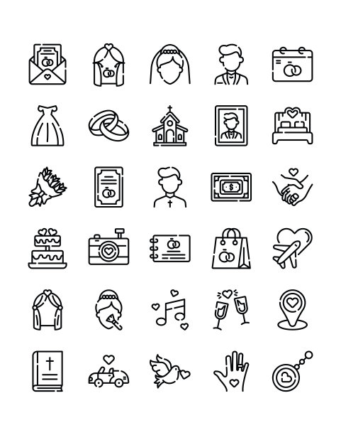 婚礼图标集30孤立的白色背景图片下载