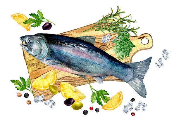 集鳟鱼，柠檬，香草在砧板水彩插图孤立的白色。图片下载
