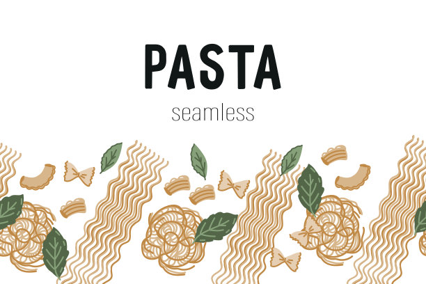 无缝边界设计与不同类型的面食，手绘平面矢量。图片下载