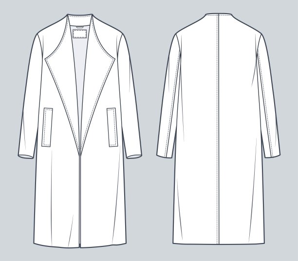 中性外套技术时尚插图。特大号大衣时尚平面技术图纸模板，中长裙长度，长袖，口袋，前后视图，白色，女性，男性，男女通用的CAD模型。图片下载