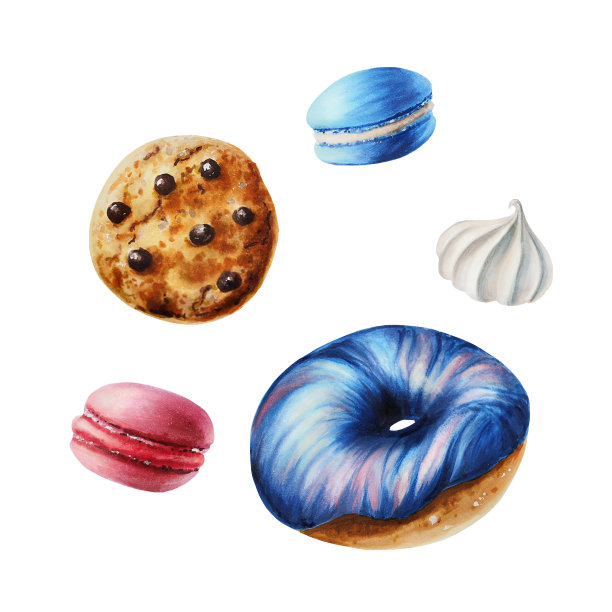 水彩组合巧克力饼干，马卡龙，蛋白酥皮，甜甜圈。手绘甜美的白色孤立的背景。为设计师，菜单，商店，酒吧，小酒馆，餐厅，明信片，包装纸，封面。海报及纺织品图片下载