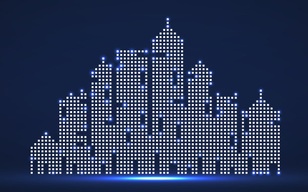 轮廓的城市。城市摩天大楼。霓虹灯抽象未来城市图片下载