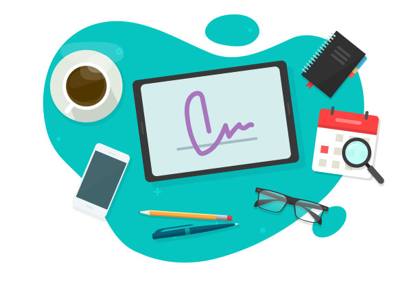 数字签名电子服务办公桌桌面上方顶视图矢量，网络签名合同交易或成功互联网合作伙伴在线签名应用程序在平板电脑设备技术形象图片下载