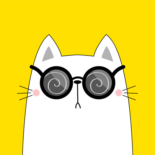 猫戴着圆形太阳镜和眼镜。催眠螺旋模式。黑色轮廓线轮廓。神奇的眼镜。可爱的卡通卡哇伊滑稽的人物。戴眼镜的小猫。黄色背景。平面设计图片下载