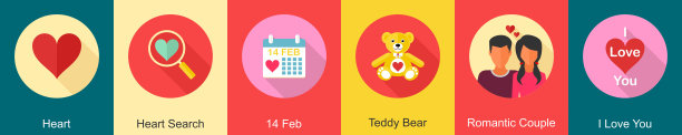 一套6个情人节图标，如心，心搜索，2月14日图片下载