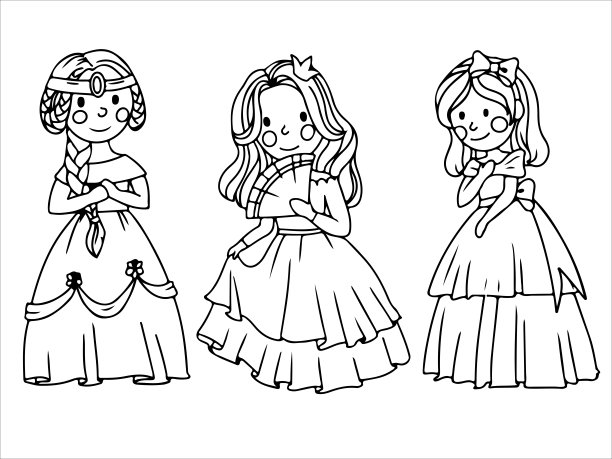 穿着舞会礼服的可爱公主，魔法服装女孩填色书，中世纪矢量插画（白色背景）图片下载