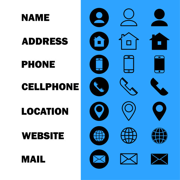 名片图标。电话，姓名，邮件，地址，传真，位置，网站图标。矢量插图。图片下载