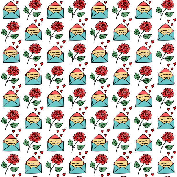 涂鸦玫瑰与信封以浪漫的信息向量无缝模式。手绘情人节背景图片下载