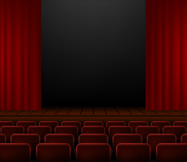 黑色写实剧场舞台，中间有红色窗帘和聚光灯。横幅模板。剧院内部空无一物的木质舞台，豪华的天鹅绒窗帘和光束。矢量插图。图片下载