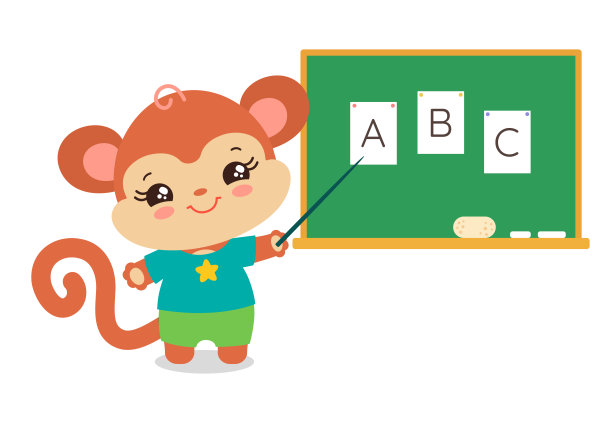 小学生猴子站在黑板旁边，手里拿着指针。图片下载