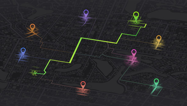 Gps地图导航到自己的房子。城市俯视图。从地图上俯瞰建筑。城市的详细视图。装饰性图形旅游地图。抽象的交通背景。向量,插图。图片下载