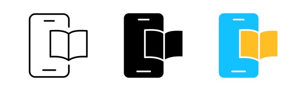 电子书图标设置。语音泡泡，智能手机，文本，知识，故事，印刷版，作者，休闲，发展，内容，文学。信息的概念。不同风格的矢量线图标图片下载