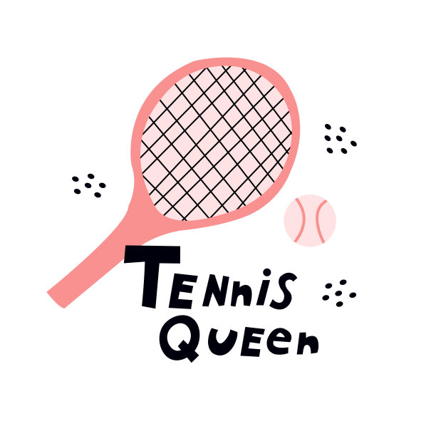 网球女王粉色网球拍和球涂鸦风格平面插图。图片下载