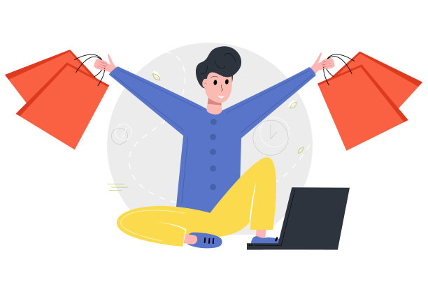 手里拿着购物的快乐男人。网上购物的概念。矢量插图。图片下载