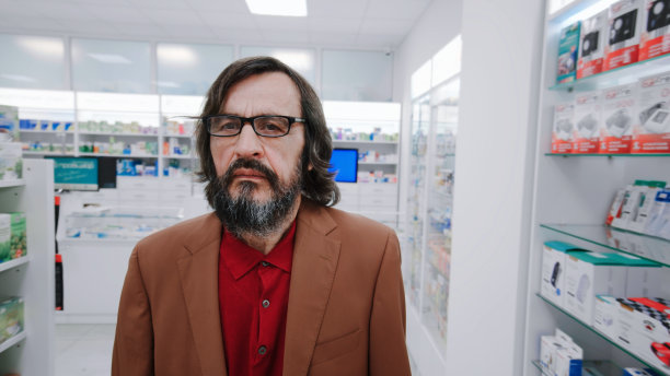 一名男子环顾药房里的药品和化妆品货架——近距离观看图片下载