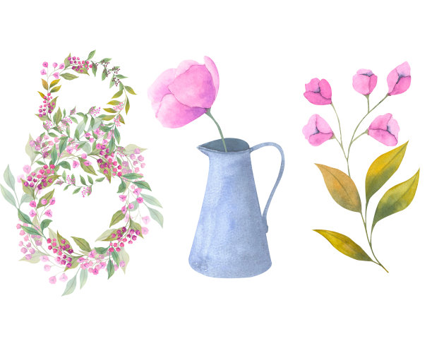 为国际妇女节手绘水彩花和元素图片下载