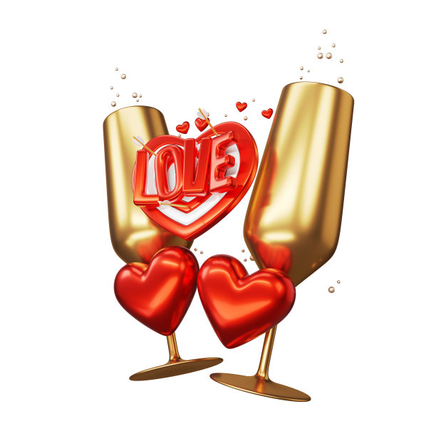 两个香槟杯图标。金酒杯上刻着爱情。红色的心。情人节。金色的眼镜。的婚礼。爱。心脏三维渲染。3 d演示。图片下载