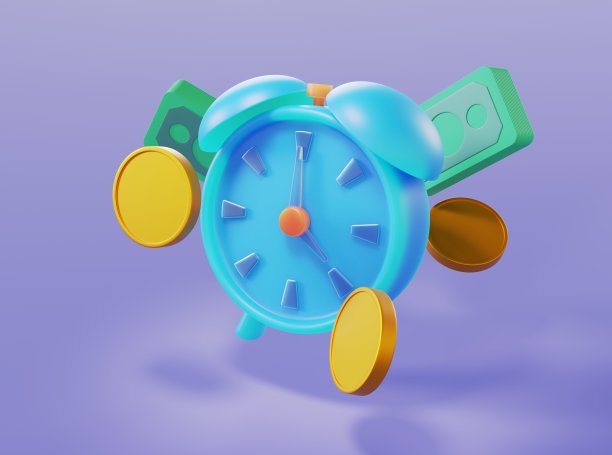 闹钟与金币和捆钱在一个孤立的背景3d渲染图片下载