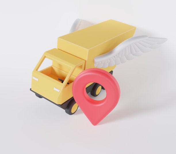 卡车图标与翅膀在卡通风格和地址标志上孤立的白色背景3d渲染图片下载