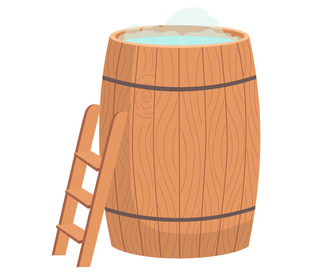 木制浴缸。有蓝色热水的锅、桶和小楼梯。桑拿水盆图标图片下载