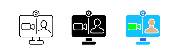 视频会议图标设置。互联网、商业、计算机、技术、相机、广播、办公室、远程、员工、技术、facetime。通信的概念。不同风格的矢量线图标图片下载