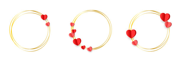 一套孤立在白色上的几何金色框架。黄金几何框架。简单抽象的带有爱心的金色圆形框架。一套豪华的黄金圈框收藏。情人节心框。图片下载