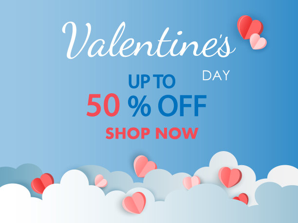 情人节大减价。情人节社交媒体的横幅。销售海报。矢量壁纸，传单，邀请，网站横幅，网上购物，海报，宣传册。天空中的3D纸心图片下载