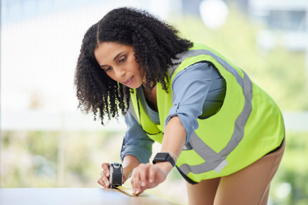 工作台，设计和妇女与卷尺木工，室内设计和装修，尺寸和施工。家具、建筑工和创意女工检查建筑项目的工作台尺寸图片下载