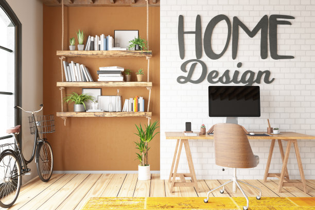 家居设计的标志在舒适的房间的墙上与工作空间电脑和自行车图片下载