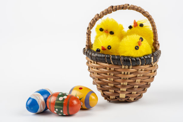 复活节的幽默。复活节小鸡和不同颜色的蛋图片下载