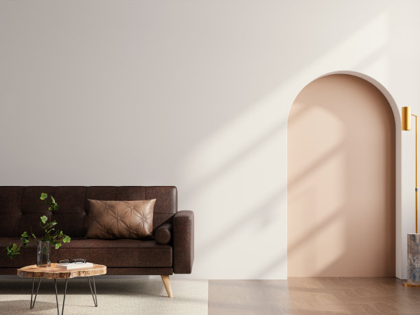 客厅有深色皮沙发和装饰最小的两个色调的墙壁。图片下载