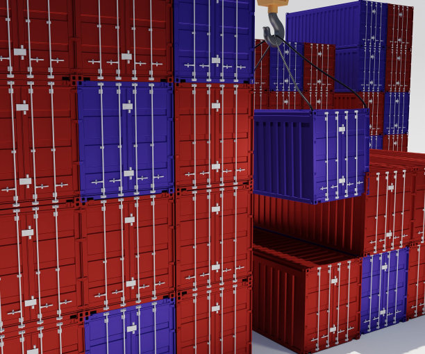 蓝色和红色货物集装箱在散货港用滑轮拉起图片下载
