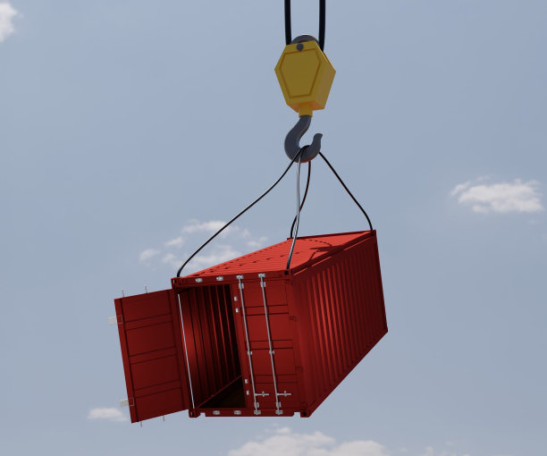 红色半开门集装箱被吊车钩挂事故。图片下载
