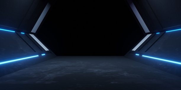 三维渲染飞船走廊走廊霓虹灯发光的蓝色背景混凝土。朋克的概念。广告、展厅、技术、未来、现代、体育、元世界的场景。科幻插画图片下载