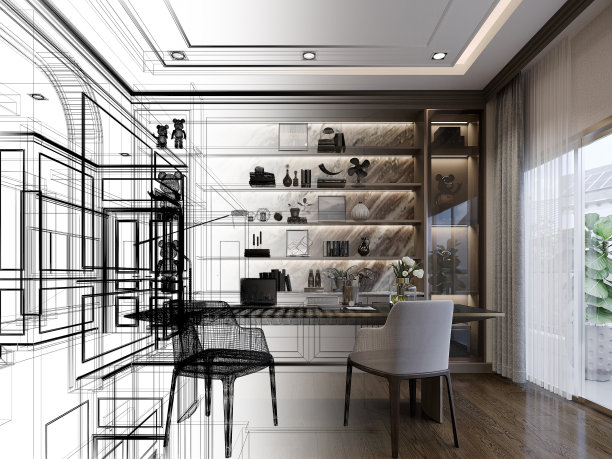 室内工作室草图设计，三维渲染图片下载