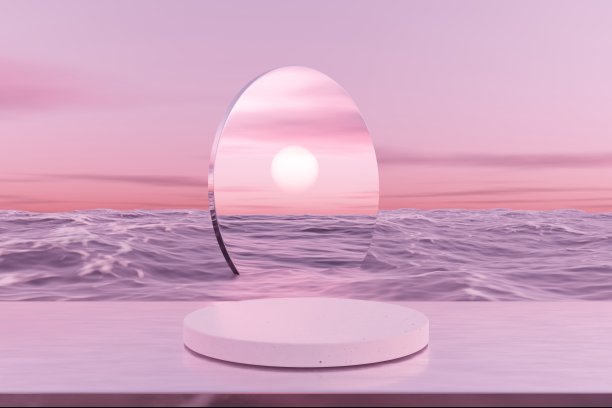 三维平台与复制空间的产品展示展示热带日落海滩抽象背景。热带夏季度假概念。平面渲染插画艺术设计。图片下载