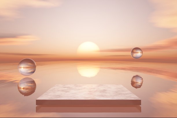 三维平台与复制空间的产品展示展示热带日落海滩抽象背景。热带夏季度假概念。平面渲染插画艺术设计。图片下载