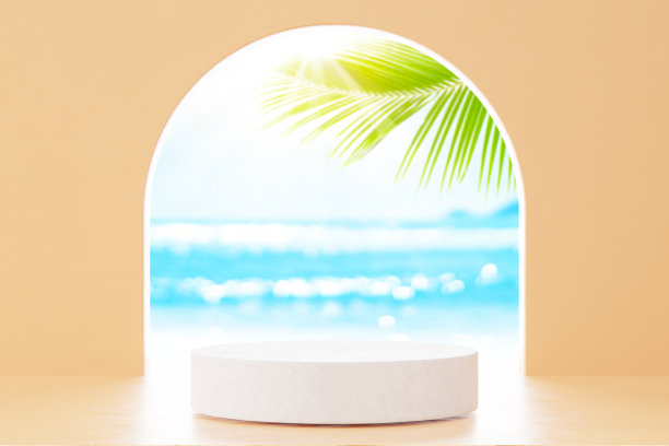 3d平台与复制空间的产品展示展示在棕榈滩抽象背景。热带夏季度假概念。平面艺术设计。图片下载