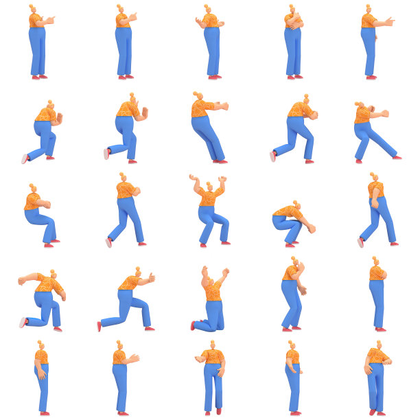 人物女子橙色衬衫蓝色裤子做活动，三维渲染图片下载