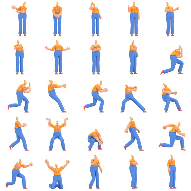 人物女子橙色衬衫蓝色裤子做活动，三维渲染图片下载