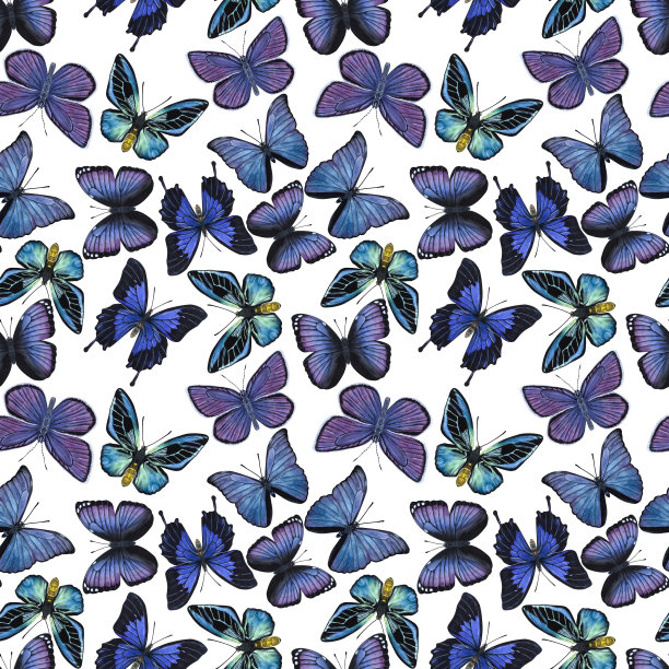 无缝图案蓝紫色蝴蝶。手绘水彩插图孤立的白色背景。用于卡片，海报，贴纸，剪贴簿图片下载