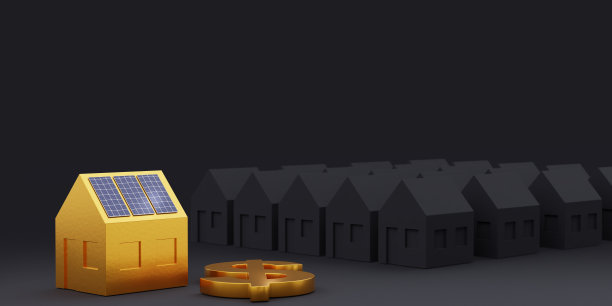 屋顶太阳能板，带有美元货币符号和黑暗中的村庄，可持续能源概念，省钱，财富，健康和领导力。三维渲染图片下载