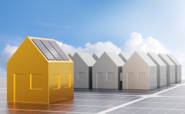 金色的房子模型，屋顶上的太阳能电池板放在太阳能电池板表面。可持续能源的领导理念。三维渲染图片下载